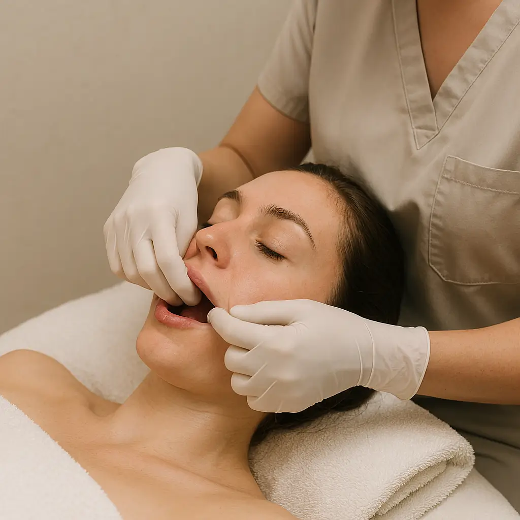 Someone performing a Buccal Sculpting massage on the face