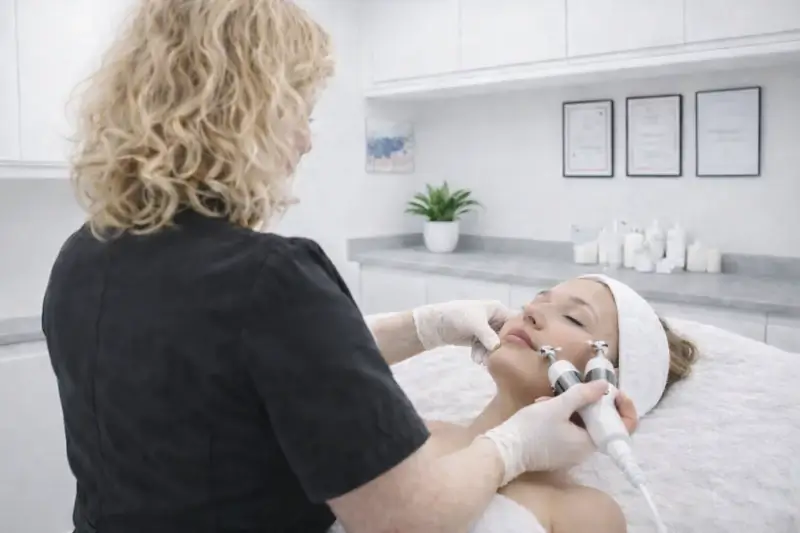 Charlotte performing a microcurrent facial in her salon